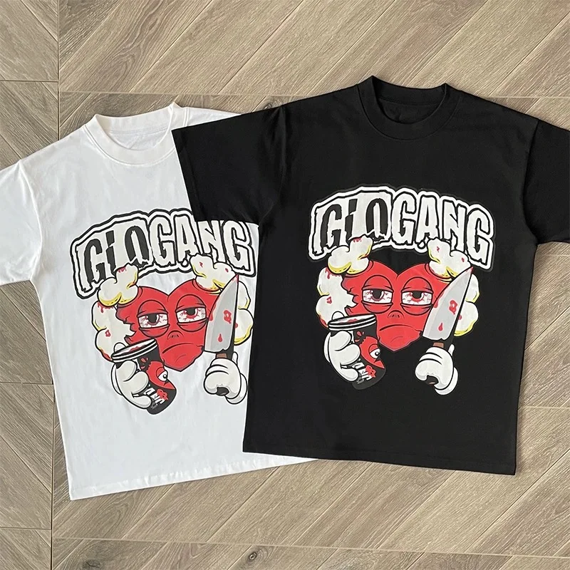 

Cartoon Print Glo Gang Boyz T-Shirt Men Women 1:1 Best Quality Black Pure Cotton Oversized T Shirt Top Tees