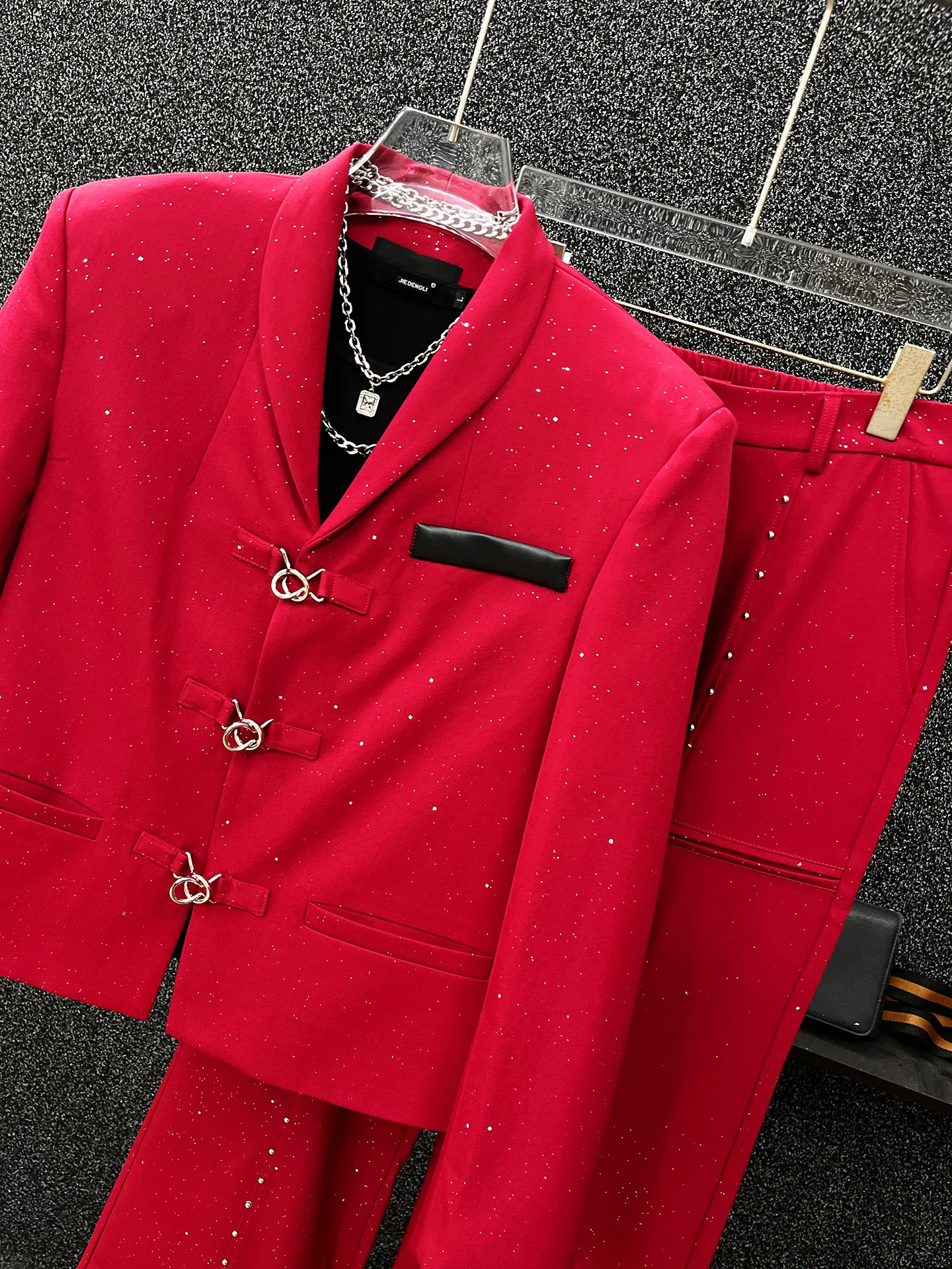 Men's 2025 Autumn New Fashion Metal Buckle Blazers Wide-Leg Pants Two-Piece Sets High-End Starry Sky Solid Color Chic Suit Sets