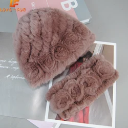 2024 New Winter Real Fur Hats Scarves Sets Women Knitted Genuine Rex Rabbit Fur Hat Scarf Lady Natural Fur Hats Mufflers Sets