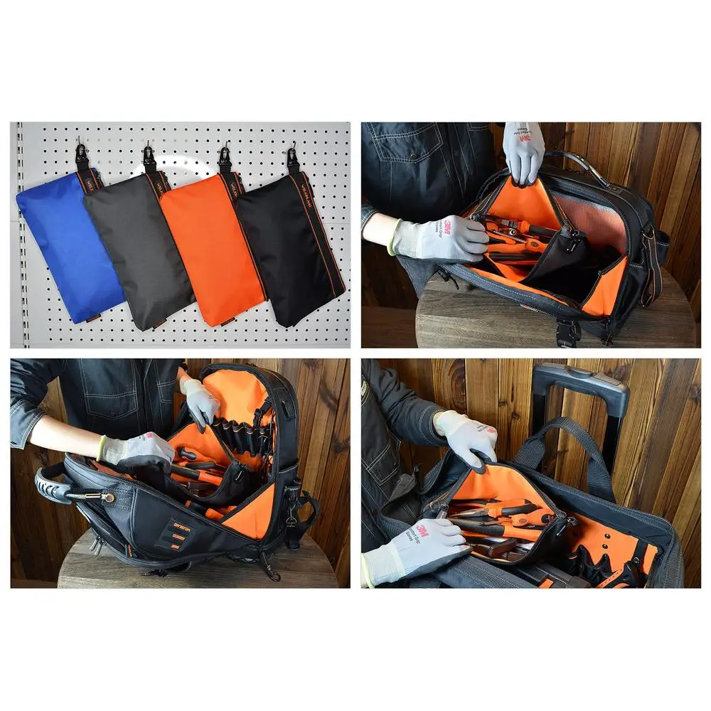 Multi-Task Spacious Small Zippered Tool Pouches 4-Pack Set Orange Black Grey Blue Clip-On Electricians Bag