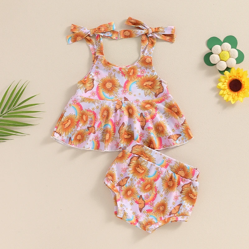 Baby Girls Summer Outfits Floral Print Bandage Straps Camisole and Elastic Shorts 2 Pieces Set Fashion Cute Clothes