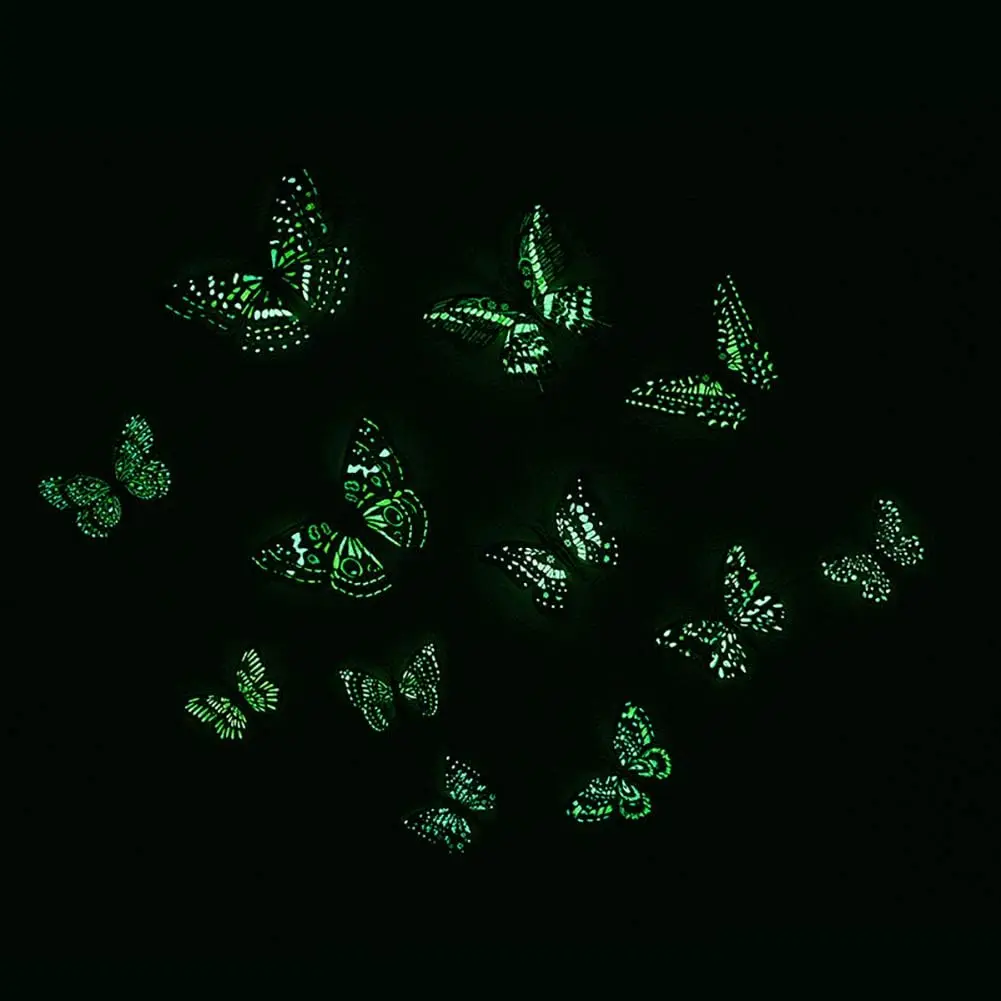 12Pcs/Set Glow-in-the-dark PVC Simulated Butterfly Stickers 3D Double-layer Noctilucent Butterfly Bedroom Background Wall Decor