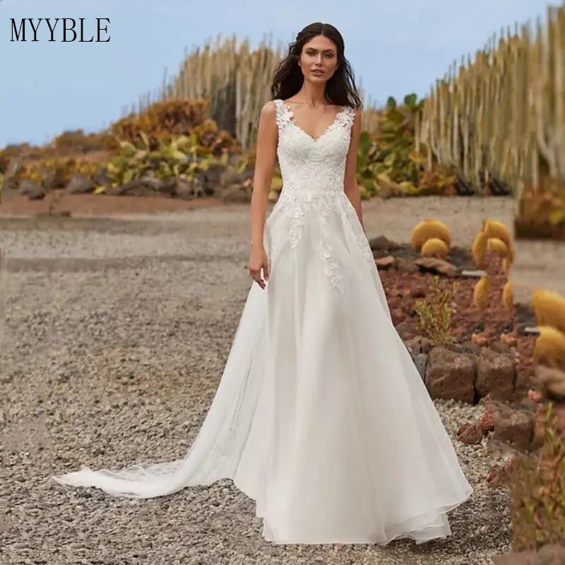 

Bohemian Simple A Line Wedding Dresses 2022 V Neck Sleeveless Lace Applique Sweep Train For Women Weeding Gowns Custom Made