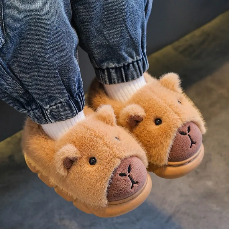 

Capybara Children Cotton Shoes Cute 2025 Winter New Cotton Slippers Warm Comfortable Indoor Cartoon Plush Floor Home Slippers