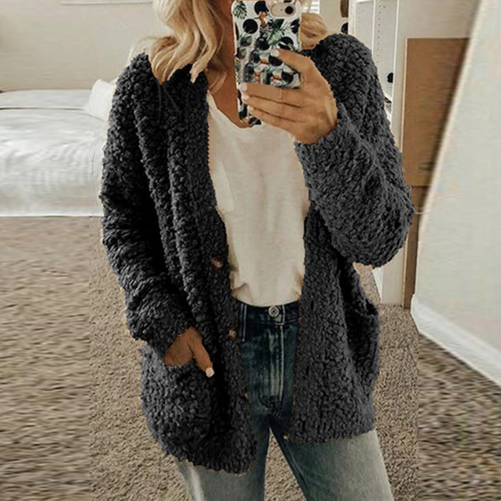 Women\'S Fleece Zip Up Jacket Women Casual Plus Size Plush Sweater Pockets Outerwear Buttons Cardigan Coat Ladies Jackets Dressy