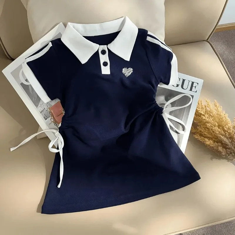 

Girls College Style Drawstring Collar Short Sleeve Dress 2025 Summer New Little Girl Fashionable Casual Dress