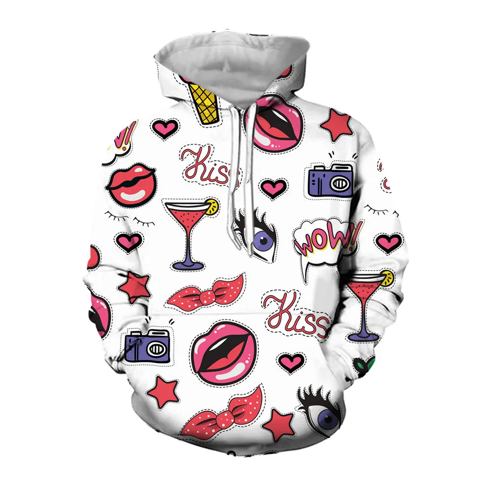 

Jumeast 3D Eyelashes Red Lips Printed Men Hoodies Streetwear Casual Kangaroo Pocket Hooded Sweatshirts Fashion Cartoon Clothing