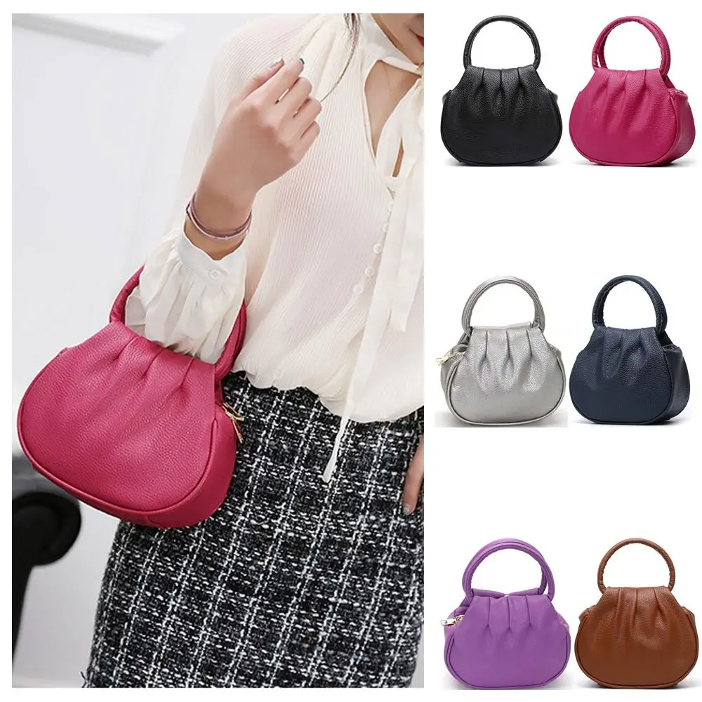 

Versatile Retro Women's Round Handbag Elegant PU Leather Coin Purse High Capacity Solid Color Zipper Shopper Bags for Women