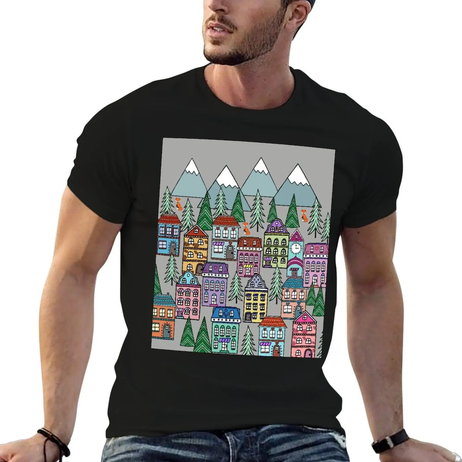 

Village with Fox Illustration T-Shirt anime t shirts oversize graphic t shirts for man T-Shirt