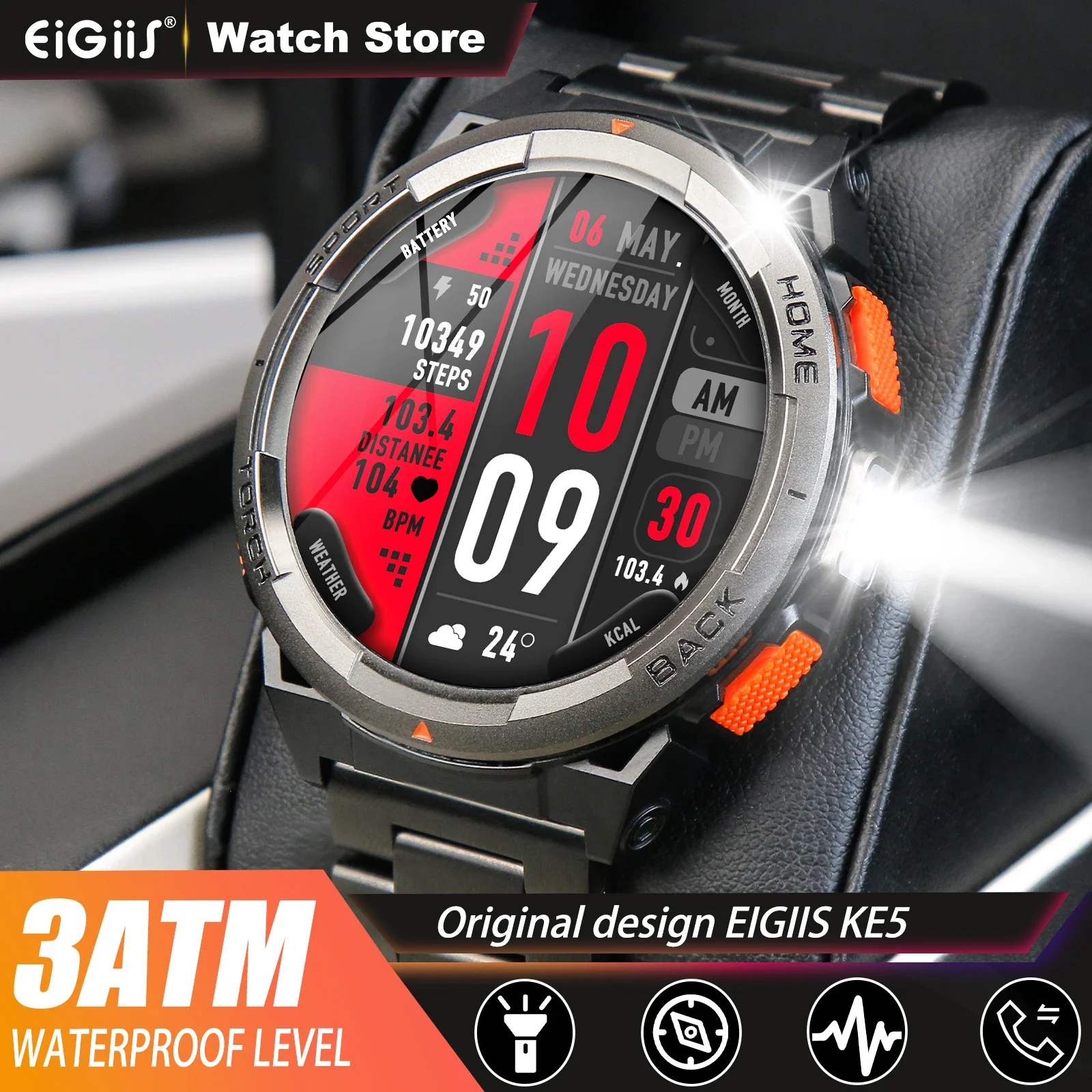 

EIGIIS Smart Watch KE5 2024 3ATM Waterproof Original Design Sports Watch With Compass And Altitude Barometer LED Flashlight Call