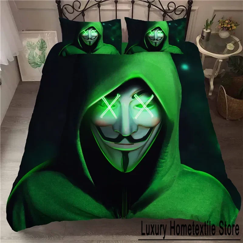 3D Printed Anonymus with Mask Bedding Set Boys Girls Twin Queen Size Duvet Cover Pillowcase Bed Kids Adult Home Textileextile