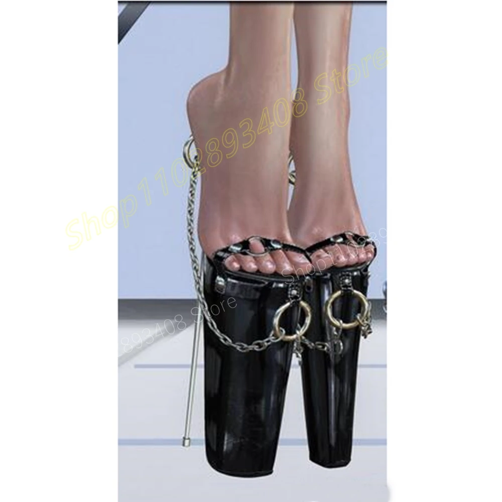 Black Metal Round Ring Chain Slippers Sexy Design Patent Leather Stiletto High Heel Dance Women Shoes 2024 Zapatos Para Mujere