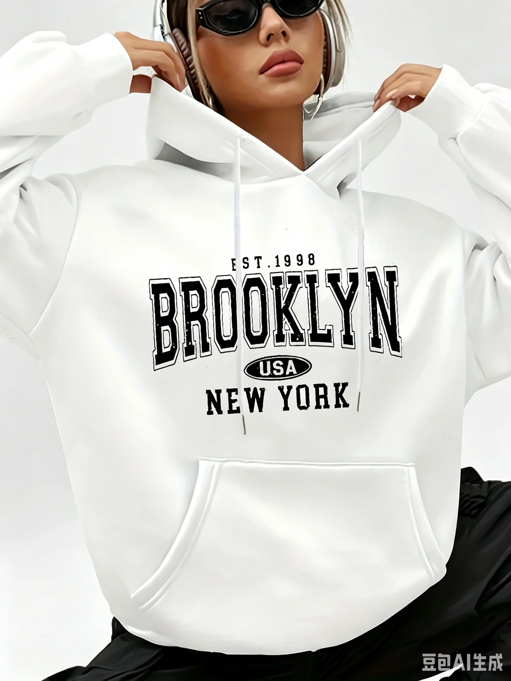 Lady's letter-printed drawstring hooded sweatshirt with long sleeves and pocket featuring geometric patterns regular fit clothes