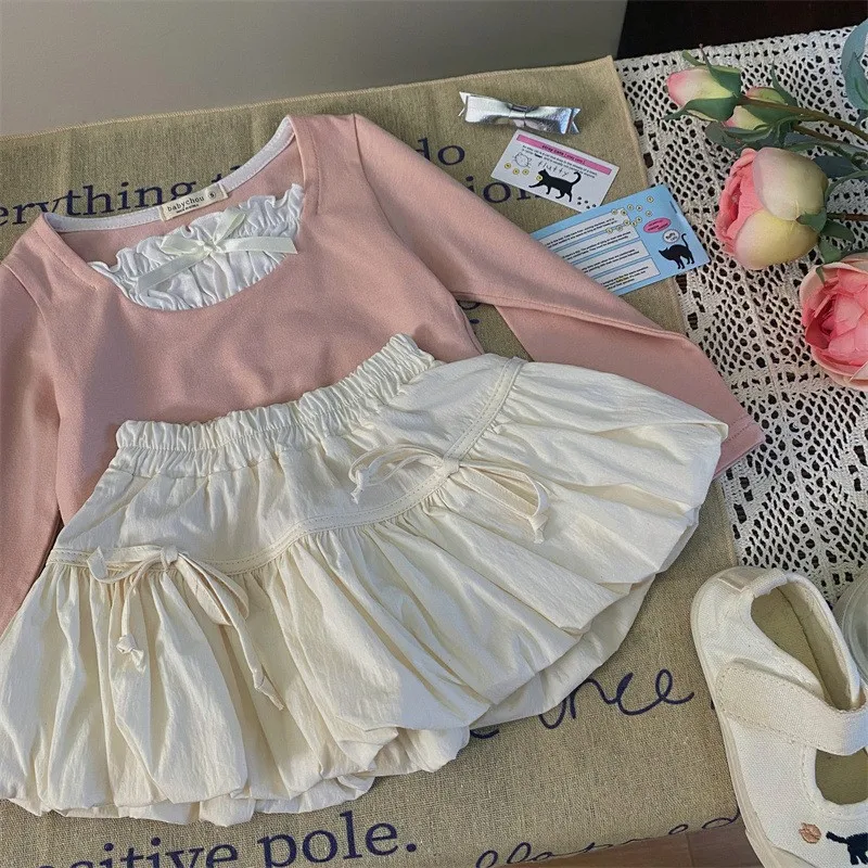 Girl T-shirt Autumn New 2024 Long Sleeves Tops Bow Skirt Casual Simple Fashion Sweet Korean Active Vintage Spliced Pleated Cute