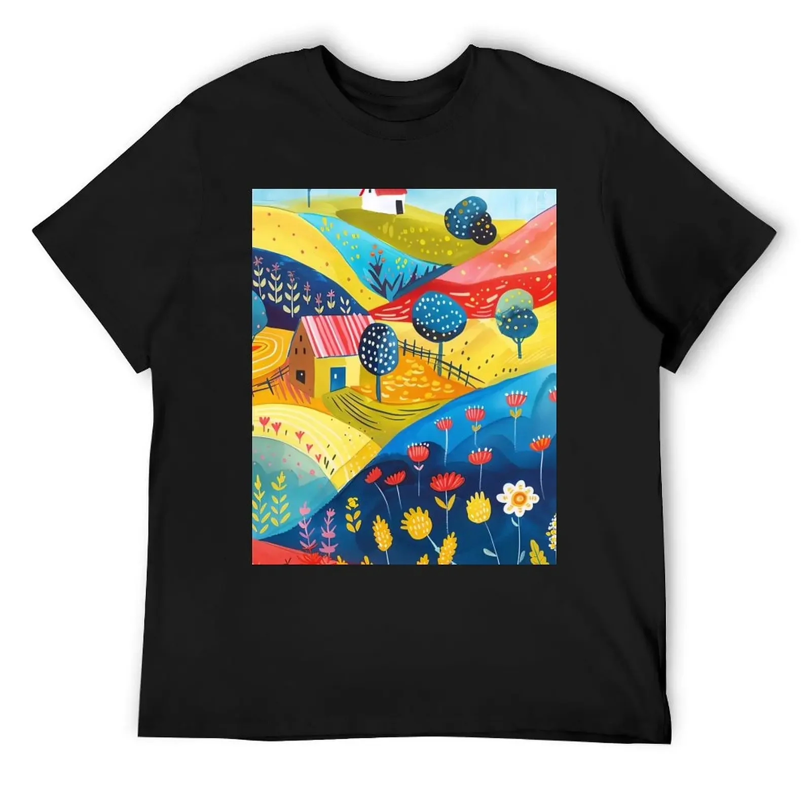 Colorful Scandinavian landscape with hills, trees and folk style houses T-Shirt tees graphic shirts mens clothes