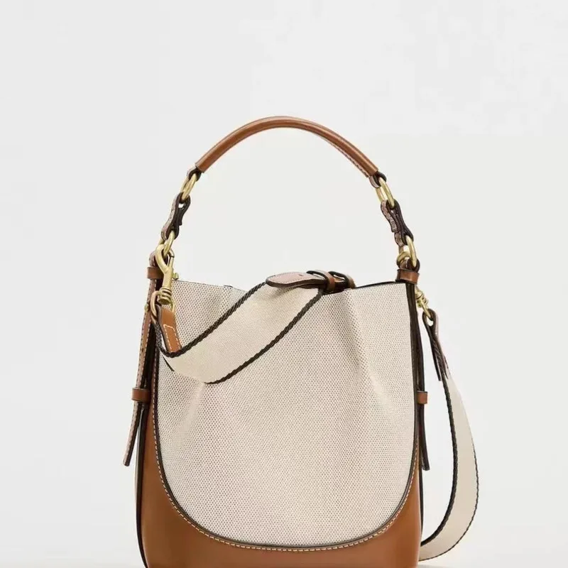 2024 New Fashion Brown Drawstring Handbag Crossbody Wide Shoulder Strap Drawstring Bucket Bag for Women