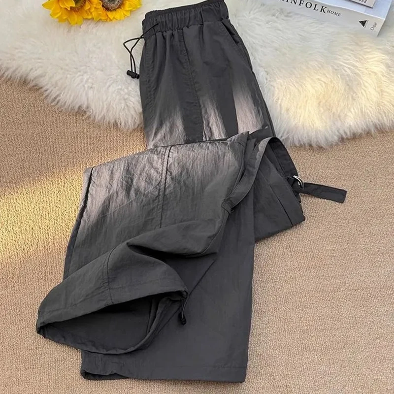 Women's New Loose Drawstring Parachute Pants Harajuku Big Pockets Cargo Pants Summer 2025 Fashion High Waist Wide-Leg Trousers