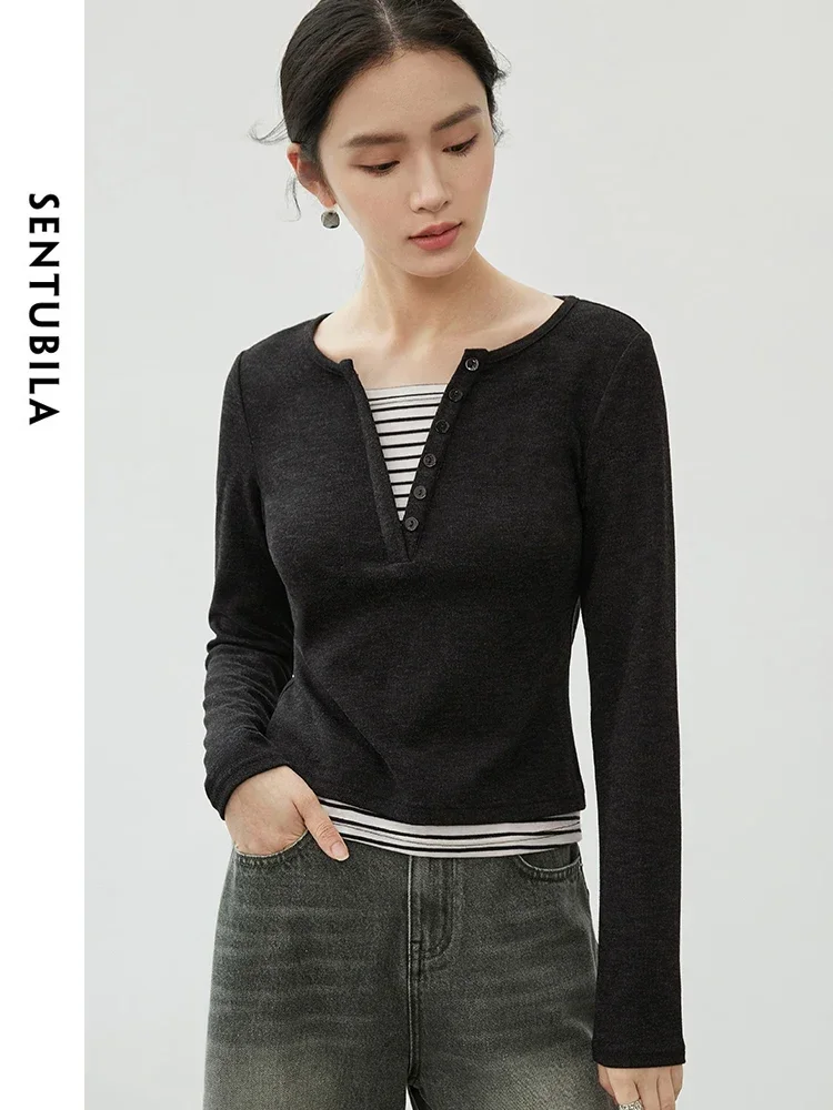 SENTUBILA coupe ajustée rayé T-shirt femmes 2025 automne Patchwork 2 en 1 haut col rond à manches longues Simple femmes t-shirts 143T56388