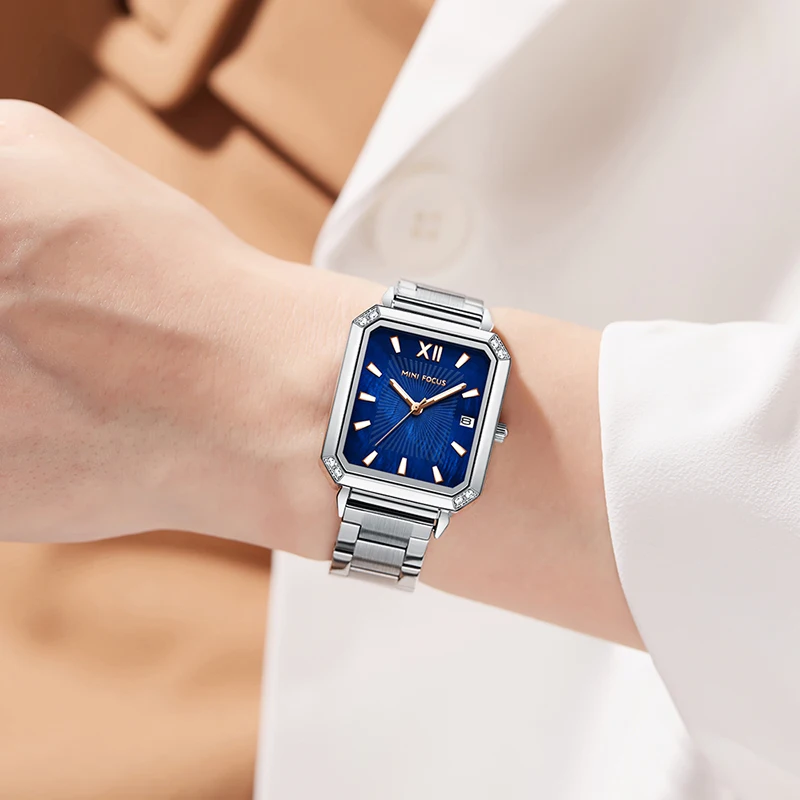 Mini Focus MF0472L Luxury Watch Square Diamonds Case Silver Stainless Steel Band Waterproof Women Quartz Watches