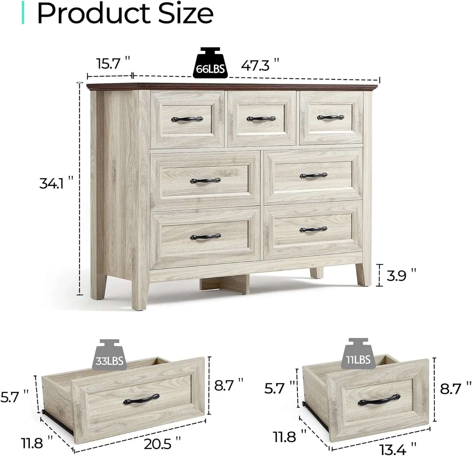 Linsy Home Dresser For Bedroom, 7 Drawer Dresser With Metal Handles, White Chest Of Drawers For Living Room, Entryway And