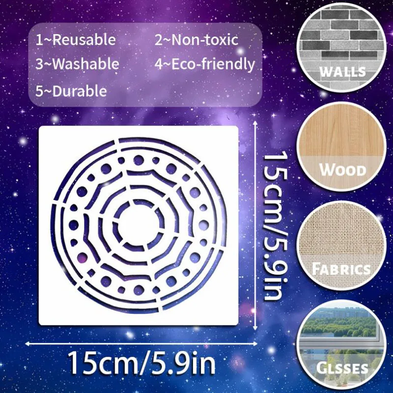 15*15cm Round Mandala Stencils PET Hollow Leak Printing Board DIY Layering Furniture Wall Painting Template Decoration Reusable