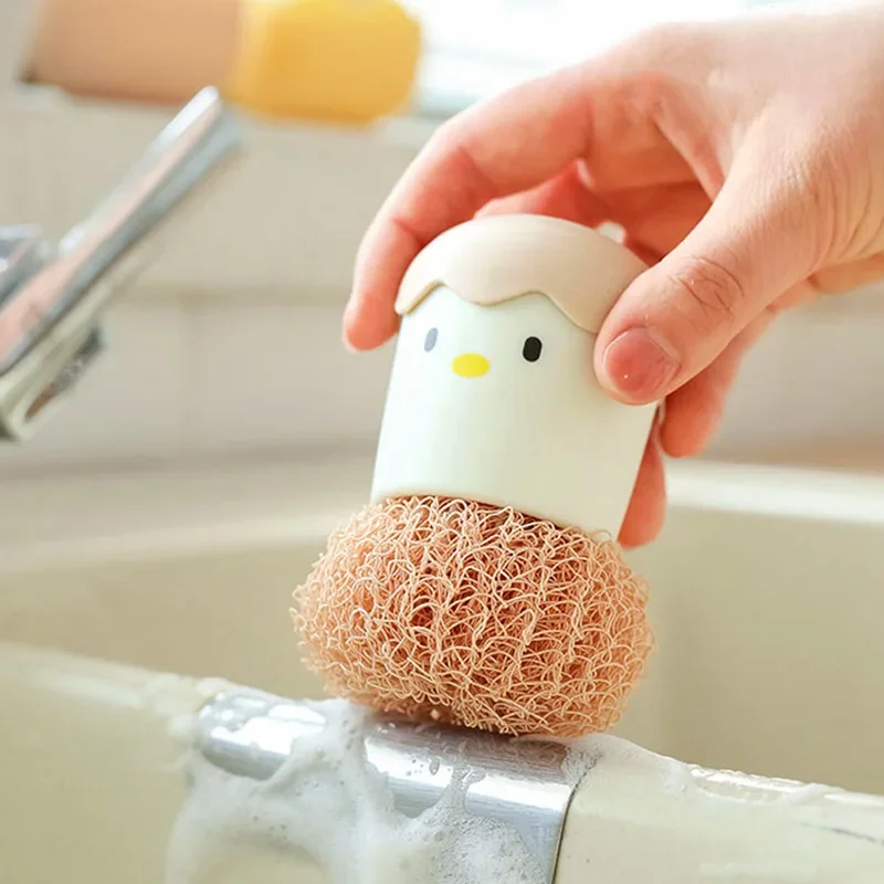 Creative Cartoon Eggshell Chicken Palm Scrub Brush Pot Washing Brush with Stand Base Kitchen Cleaning Steel Wool Brush Ball