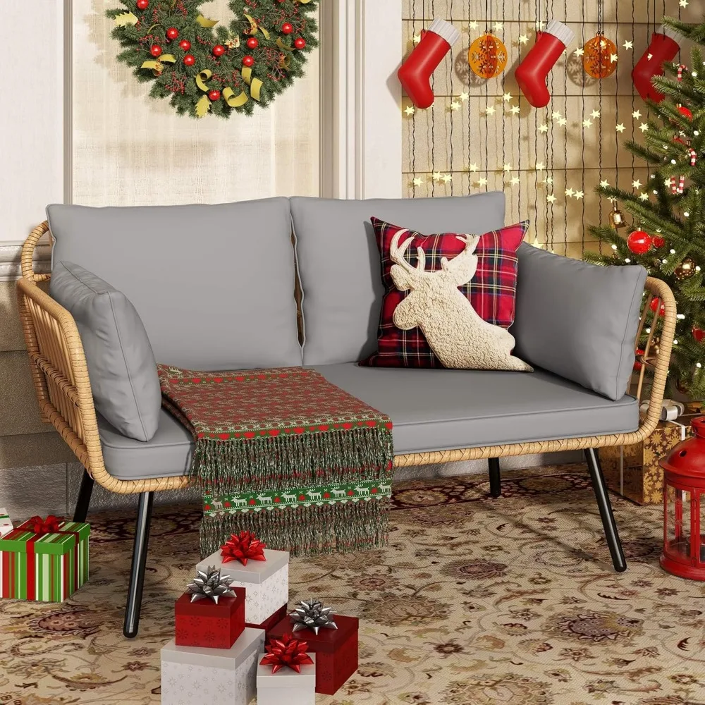 مقعد فناء خارجي من الخيزران مناسب لجميع الأحوال الجوية مع وسائد ووسائد قطنية، طقم أريكة بمقعدين #4