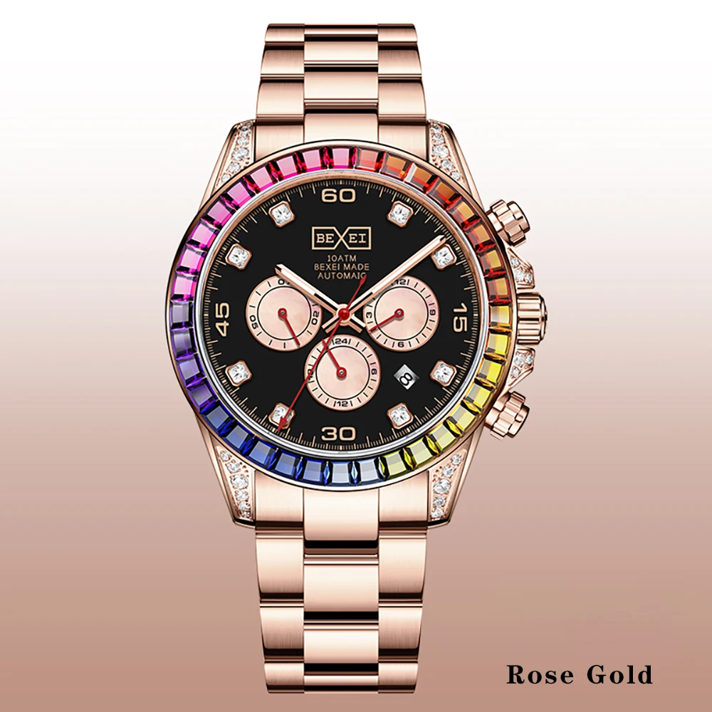 

BEXEI 2025 Rainbow Crystal Bezel Automatic movement mechanical fashion Man watch Luxury skeleton synthetic sapphire waterproof