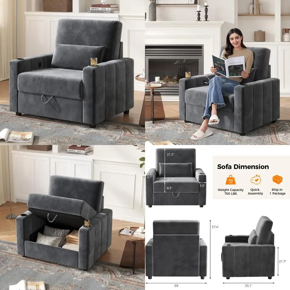 Oversized Velvet Accent Chair with Storage, USB & Cup Holders - Comfortable 39 Inch Single Sofa Armchair for Easy Installation a