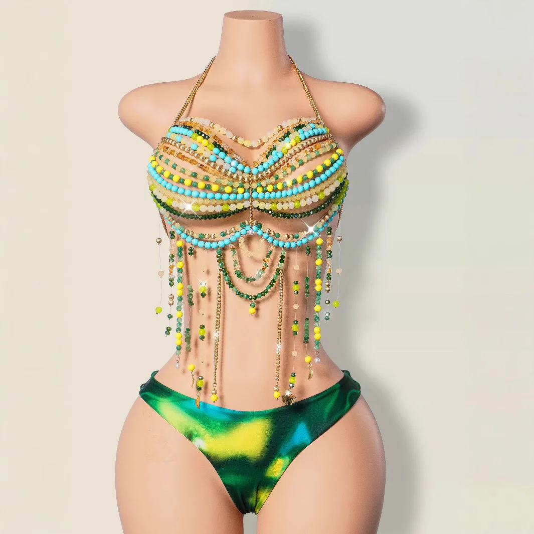 Multi-color Handmade Beading Bra Chain Jewelry Layered Vest Camis Tops Sexy Summer Party Beaded Crop Top Night Club Body Chain