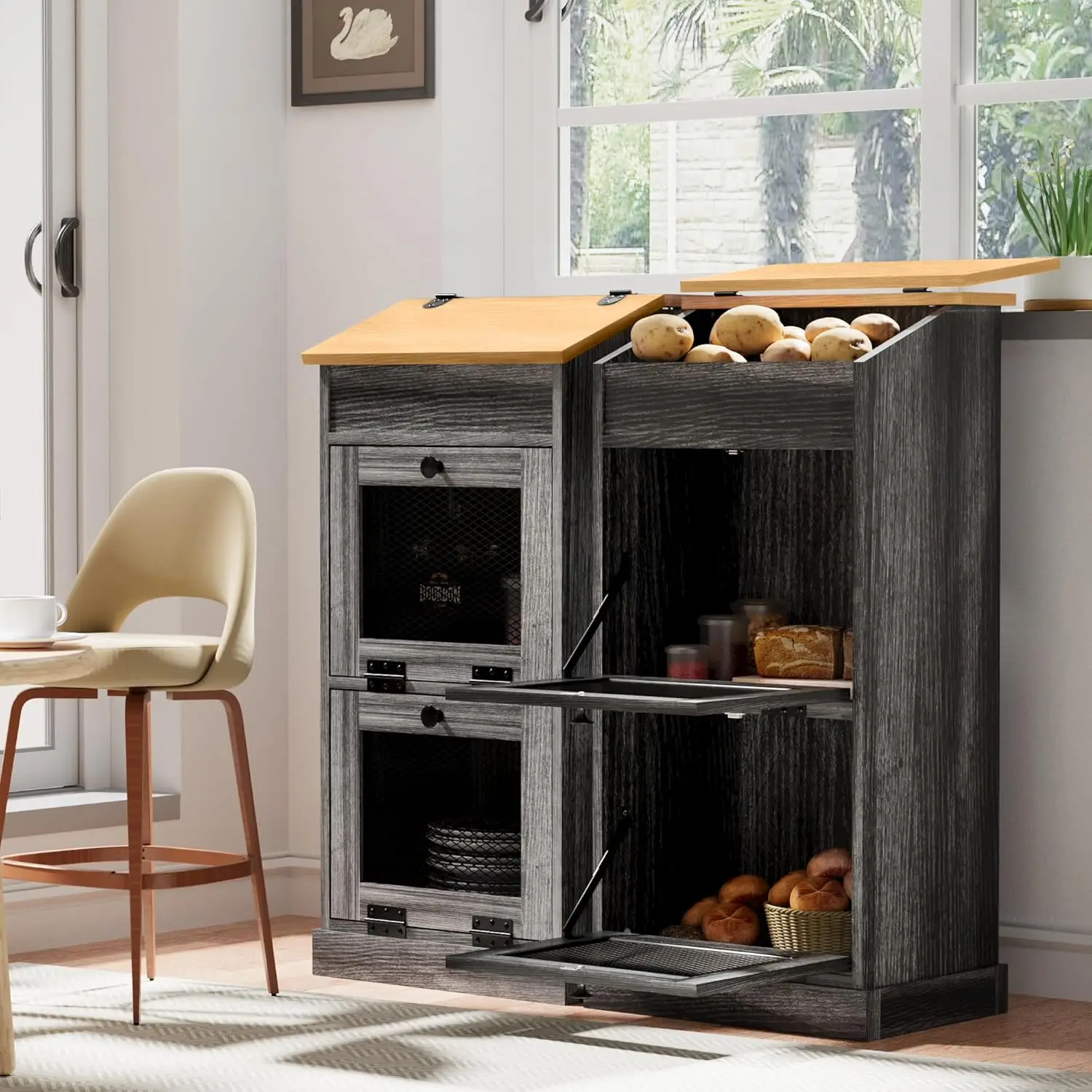 Wooden Bread Storage Bins, Decorative Potato and Onion Storage Bin, Potato Box with Grocery Section