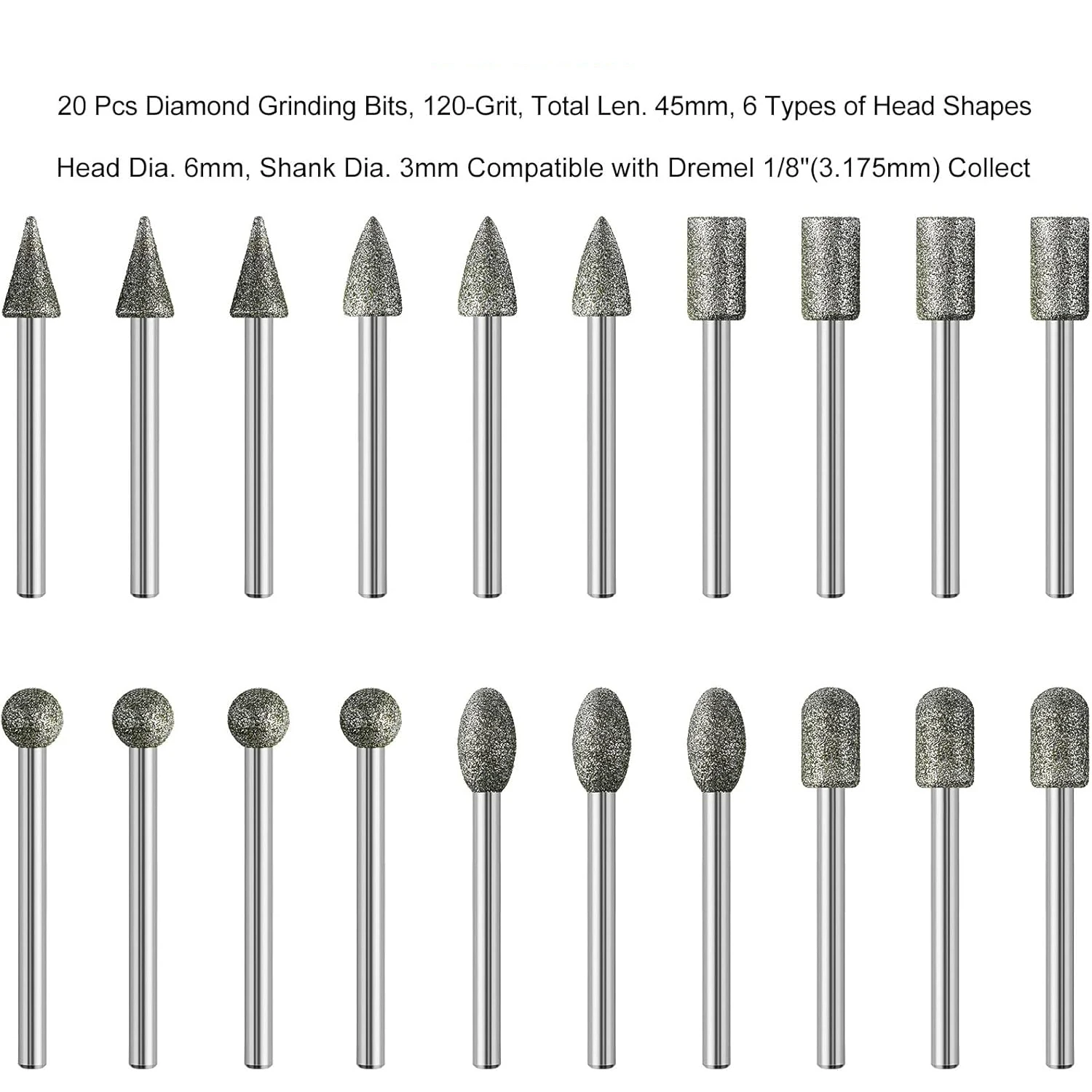 20Pcs 120 Grit Diamond Grinder Bit 1/8" Shank Compatible with Dremel Rotary Tool Attachment Accessories Grinding Burrs Quartz - view 2
