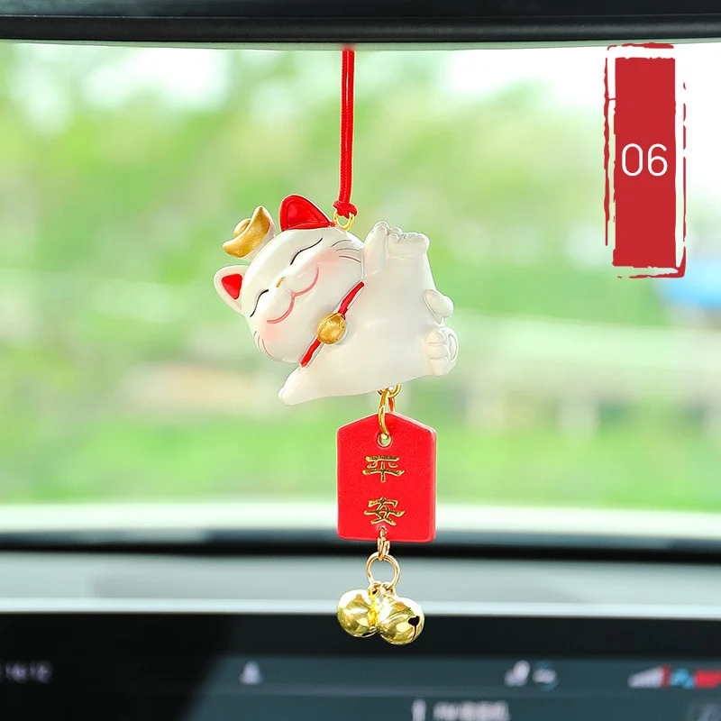 Lucky Cat Pendant Luxury Car Rearview Mirror Creative Ping An Lucky Cat Decorative Hanging Ladies Car Interior Accessories