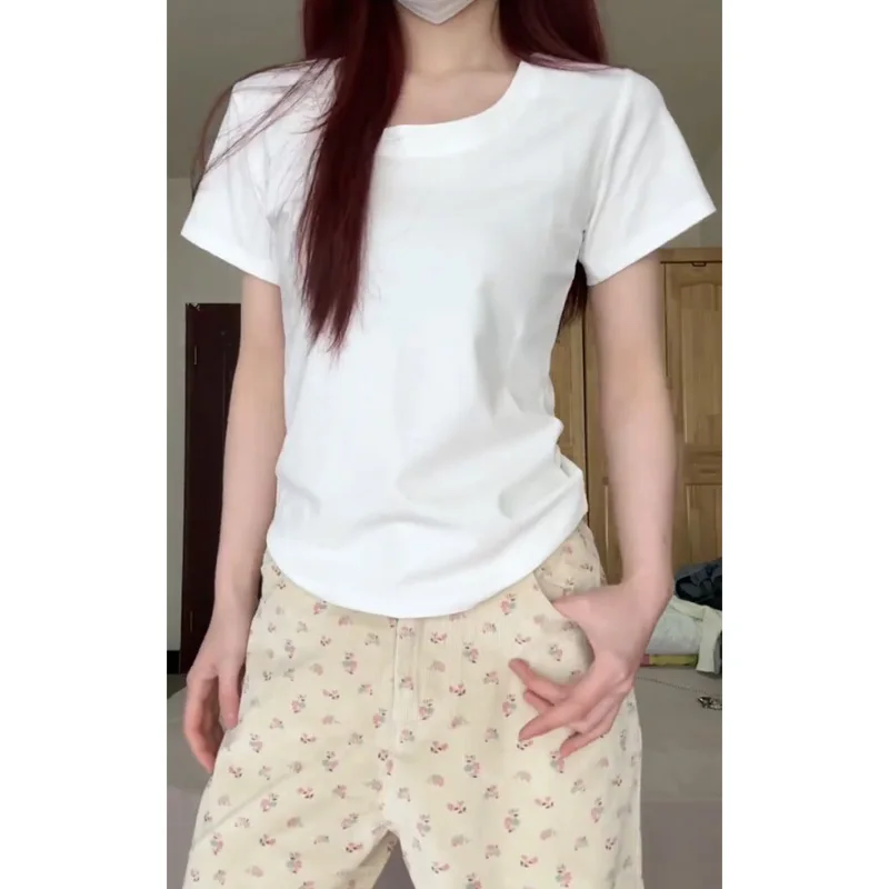 スリムフィットコットンTシャツ女性の夏用ort Sve U-Ne Base irt韓国Sle通勤ピュアカラー通気性快適