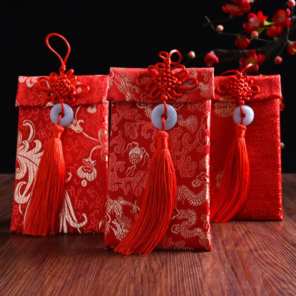 

Red Envelope Brocade Lucky Money Packet Chinese New Year Gift Embroidered Style Envelopes Traditional Design Silk Buttons Tassel