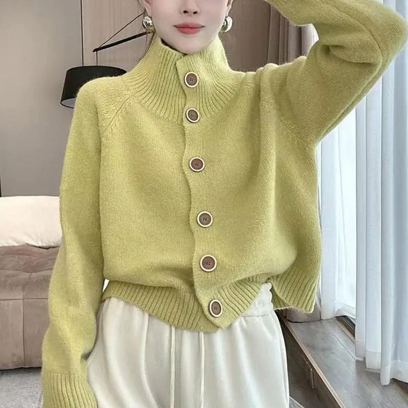 Koreaanse Vintage Coltrui Gebreide Truien Herfst Winter Casual Losse Dameskleding Lange Mouw Basic Fashion Button Truien