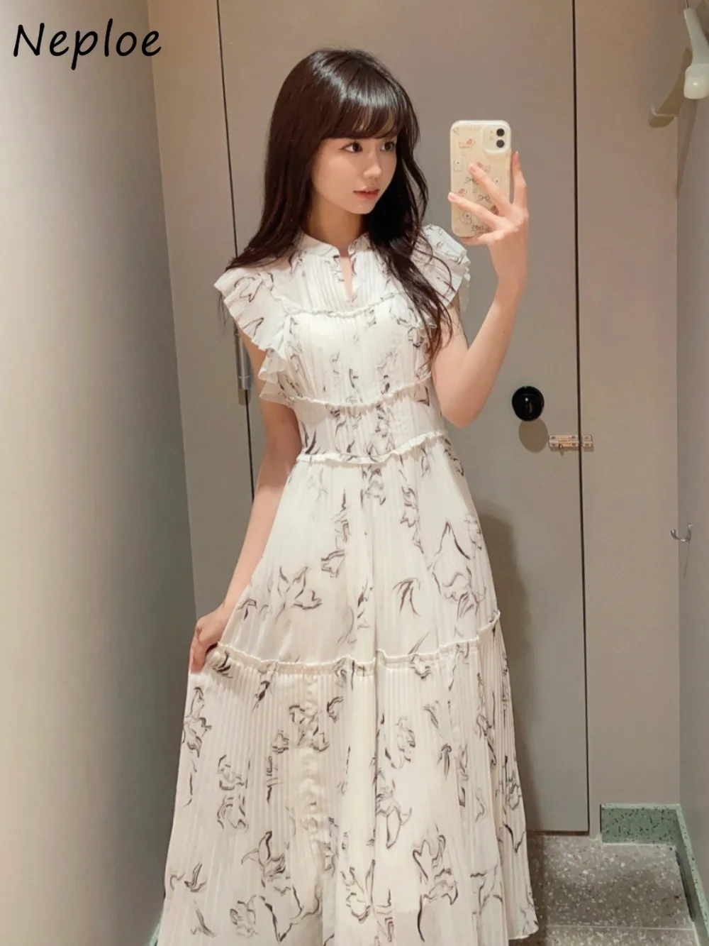 Neploe Sweet O Neck Flying Sleeve Lace Up Robe Elegant Ruffles Pleated Slim Waist Vestidos Japan New Fresh Casual Print Dress