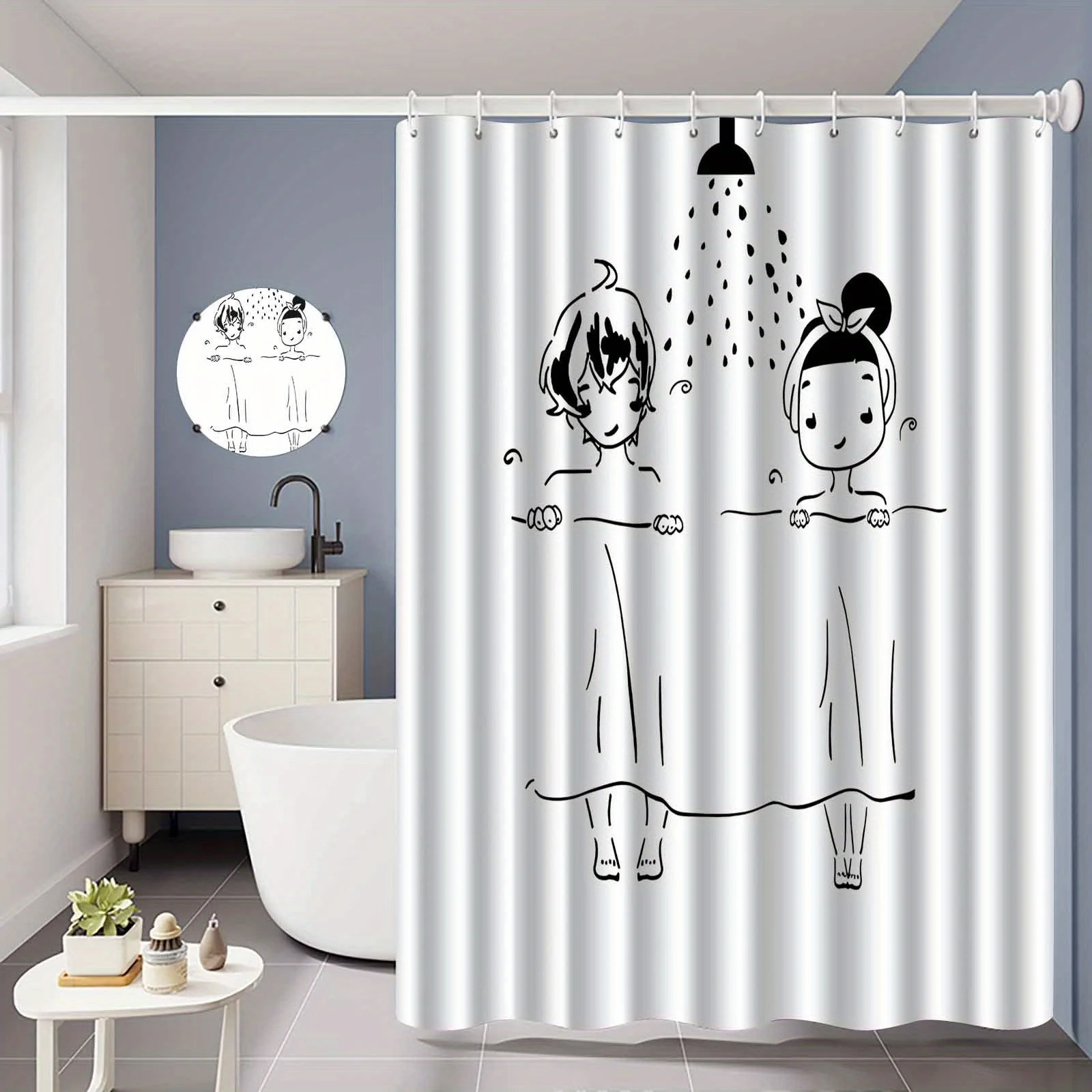 

Cute Couple Shower Curtain, Black & White Line Art, Cartoon Bathroom Decor, Waterproof Fabric, Modern Home Decor