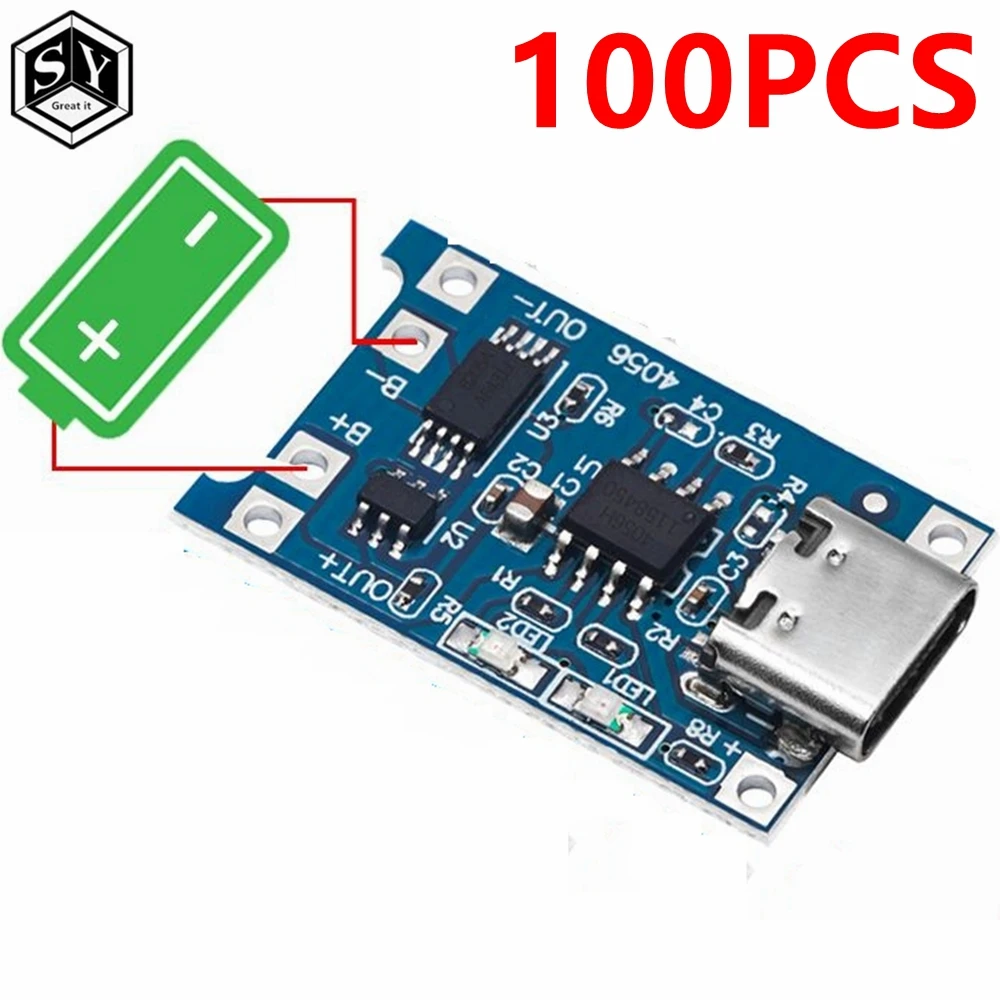 100PCS TP4056 5V 1A Type-c USB 18650 Lithium Battery Charging Board Charger Module with Protection Dual Functions