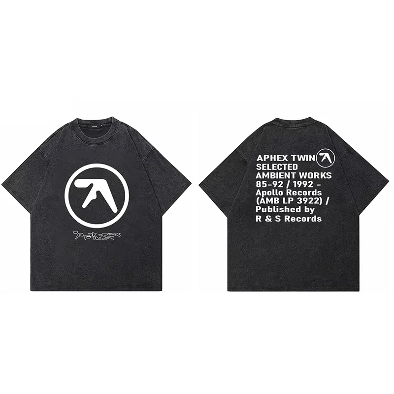 T-Shirt Aphex Twin Washed Black Print Cotton Graphic Oversized Korean Fashion Short Sleeve Tops Tees Y2k for Men Women Tee