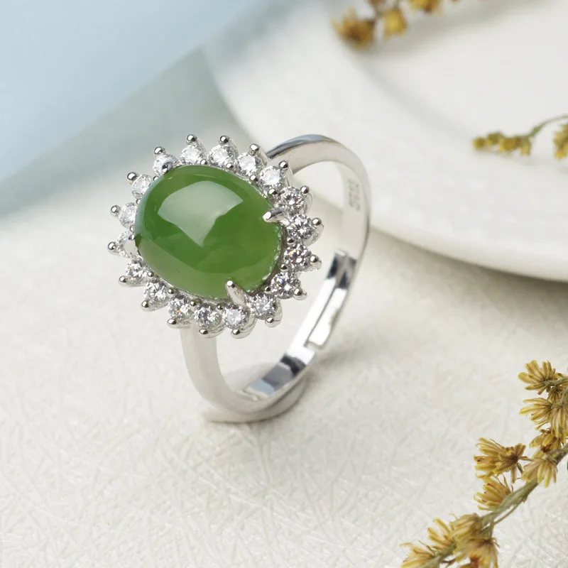 Hetian Jade , Fashionable Accessory, Natural Jadeite Cabochon, 925 Silver Women'S Ring