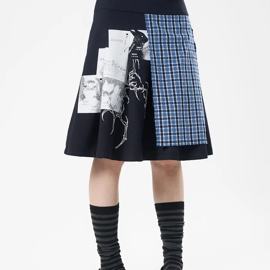 

Navy Plaid Skirt Asymmetric Y2K Tartan Print Mini Skirt Light Academia Aesthetic Summer Streetwear Stretchy High Waist