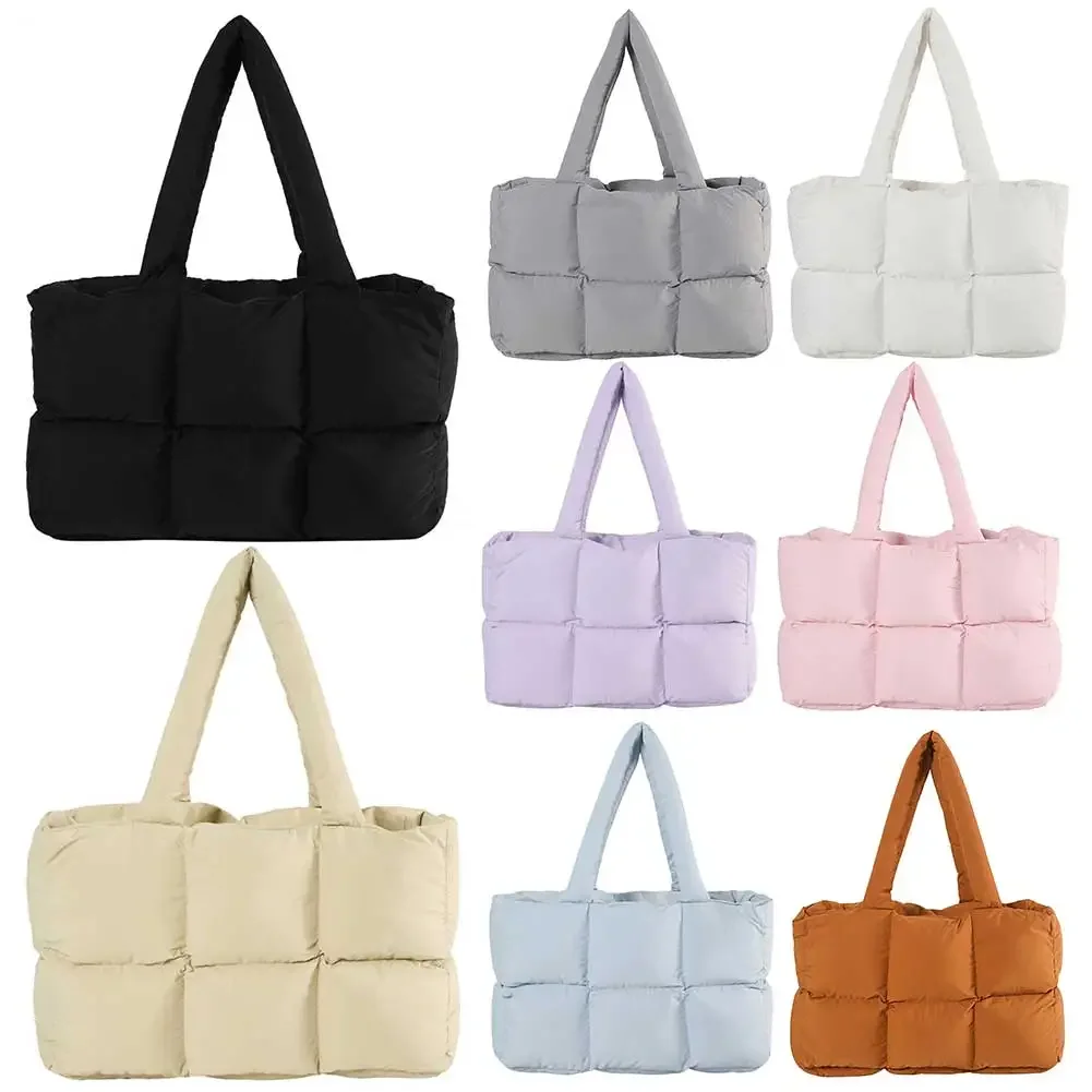 Women Padded Handbag Solid Color Quilted Single Shoulder Bag Large Capacity Soft Cloud Tote Bag Trendy Commuting Bags