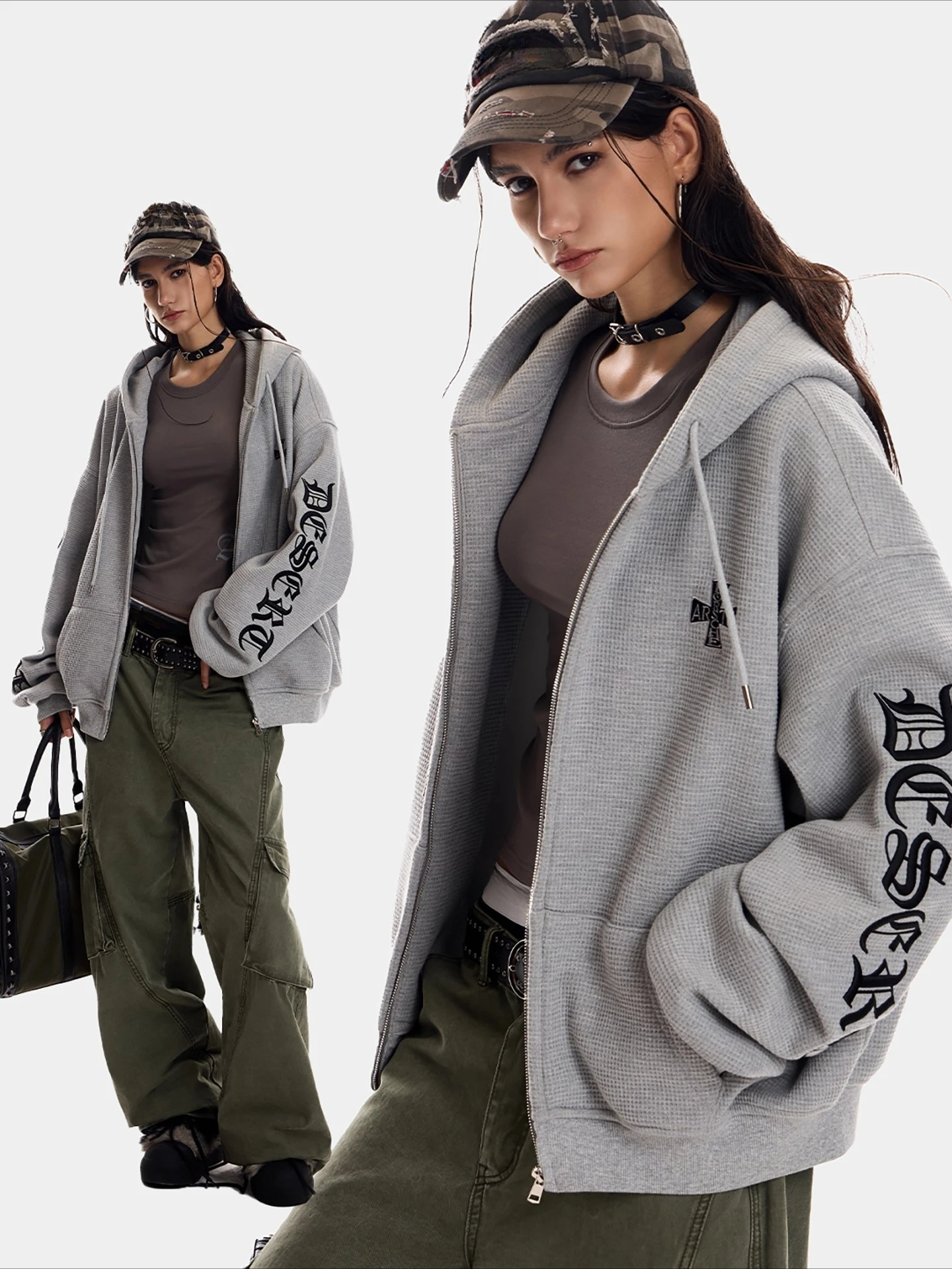 

Subculture Harajuku Vintage Coats with Hooded Women Loose Zipper Sweatshirts Casual Streetwear Grunge Jacket Y2k Stand Neck