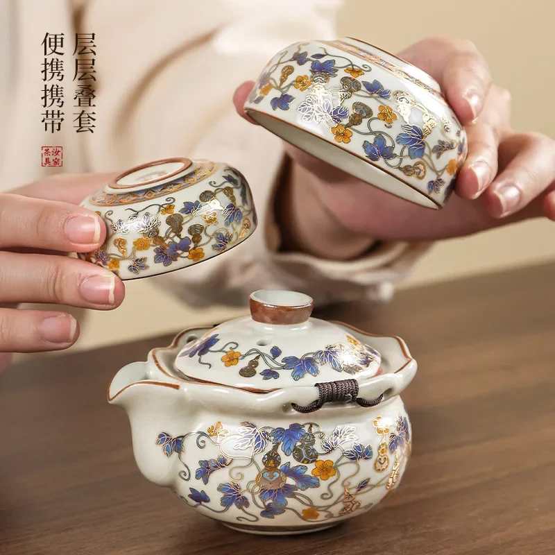 Chinese Ru Kiln Tea Ceremony Hand-caught Pot Colorful Gift Teaset Tool Ceramic Overglaze Color Household Camping Travel Tea Set