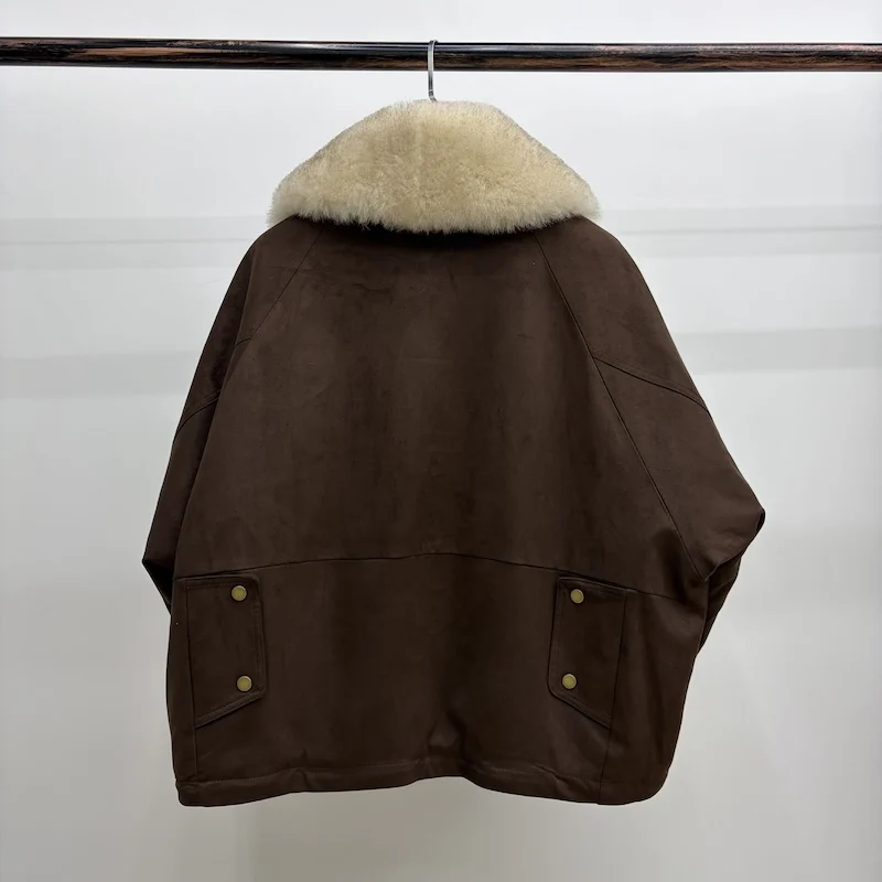 Women Oversized Loose Parka Real Shearling Fur Collar Goose Down Liner Winter Coat Big Pockets Drawstring Hem Warm Outerwear - view 5