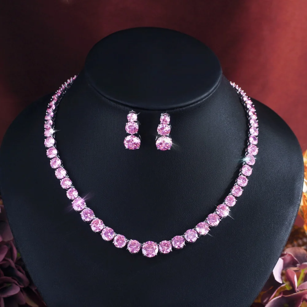 CWWZircons Prachtvolle Glänzende CZ Mode Braut Runde Halskette Ohrringe Sets für Frauen Hochzeit Abend Party Schmuck Großhandel T0997 – Detail 12