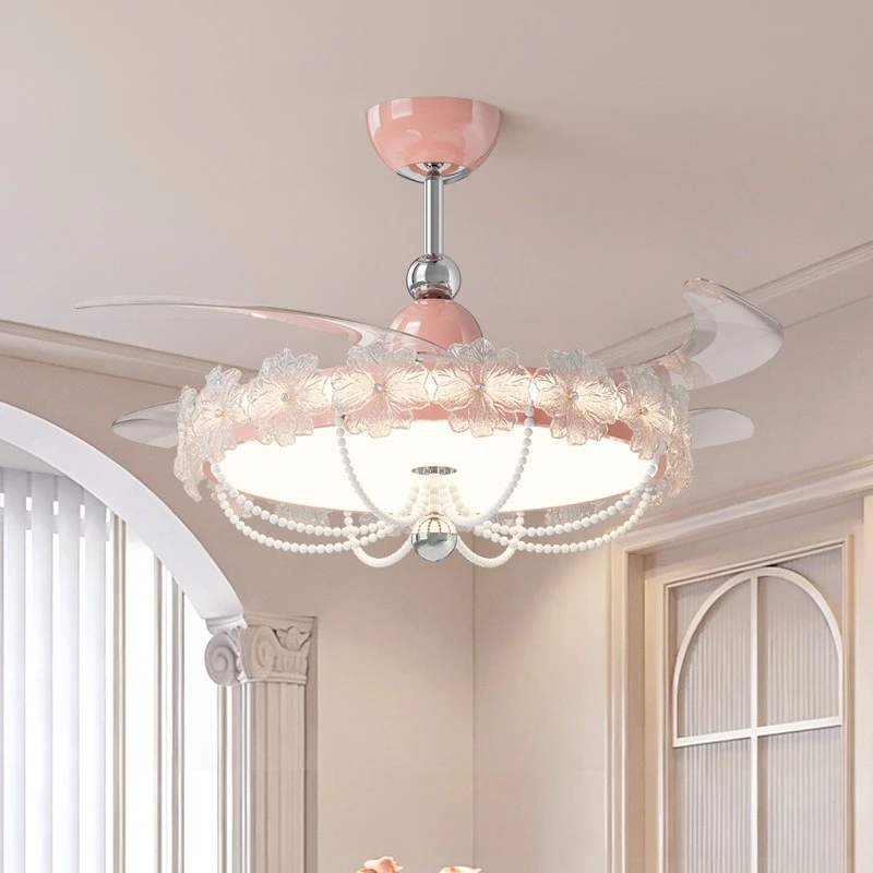 Italian Designer Ceiling Fan Pendant Lights Fairy Princess Room Milk Oil Wind Flower Invisible Silent Master Bedroom Fan Lamps