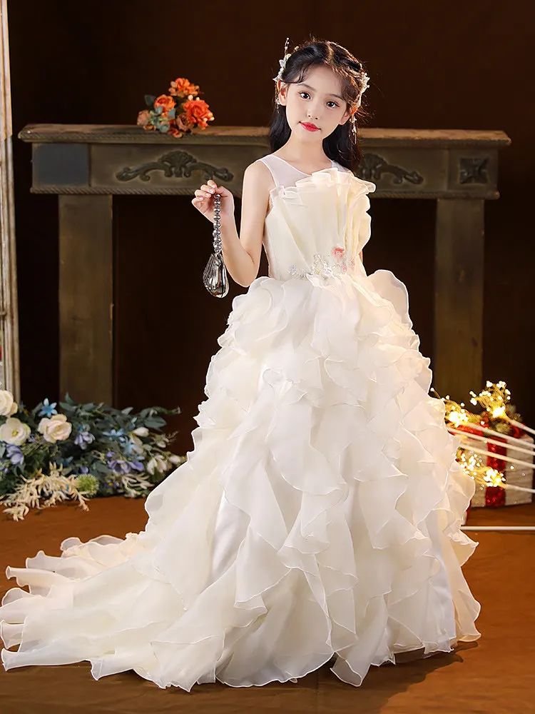 Custom Flower Girl Dress Wedding Dress First Christmas Party Dress Sheer Neck Floral Layered Ruffled Tulle Ball Gown for Girls P
