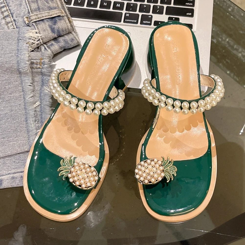 2023 Summer New Women Slippers Pineapple Pearl Heels Flip Flops Bohemian Beach Sandals Ladies Shoes Plus Size zapatos de mujer